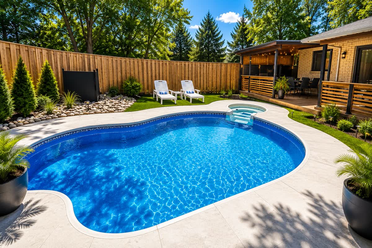Freeform pool with landscaped surrounds