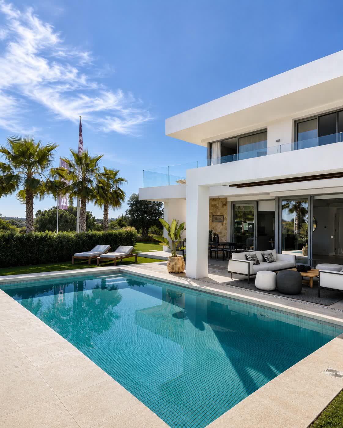 Poolside terrace with palms