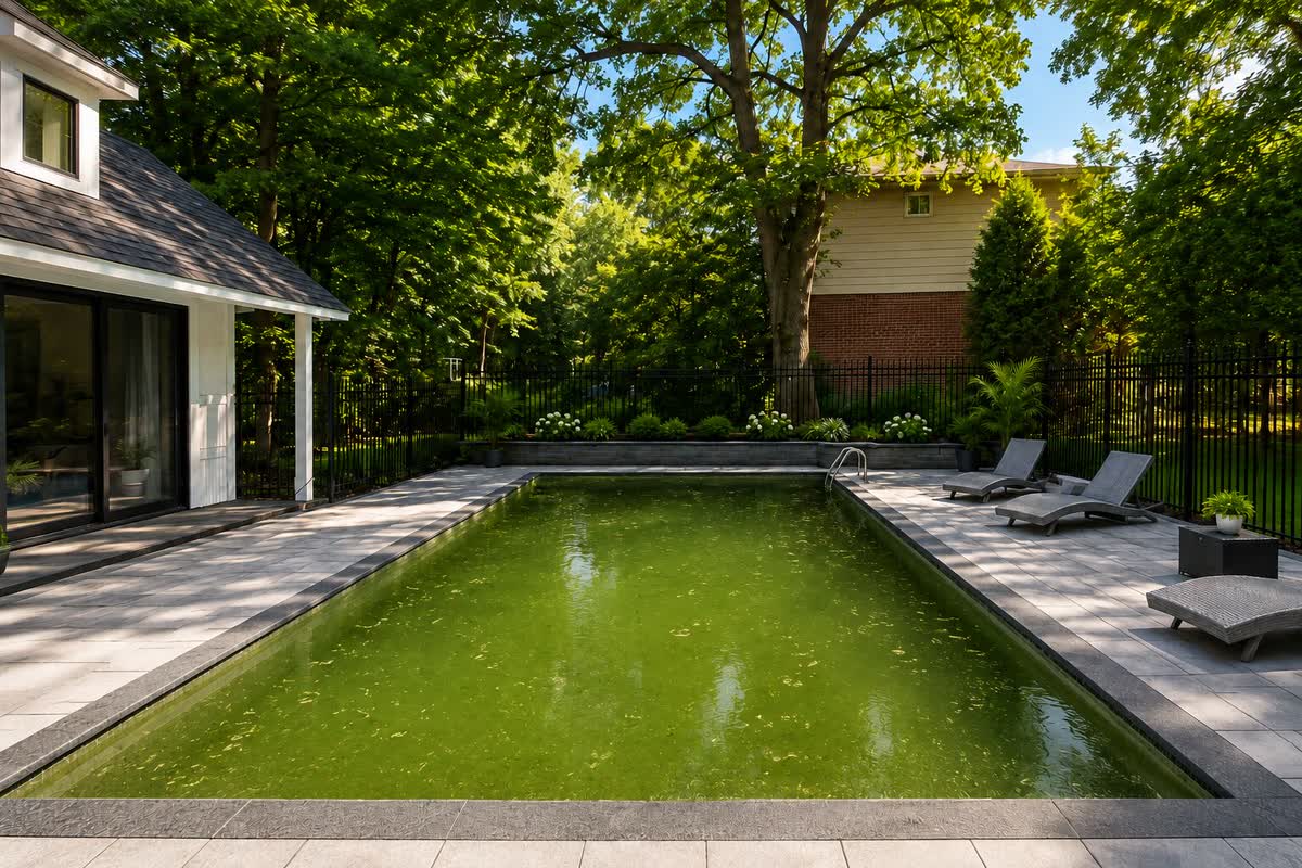 A neglected green pool before recovery